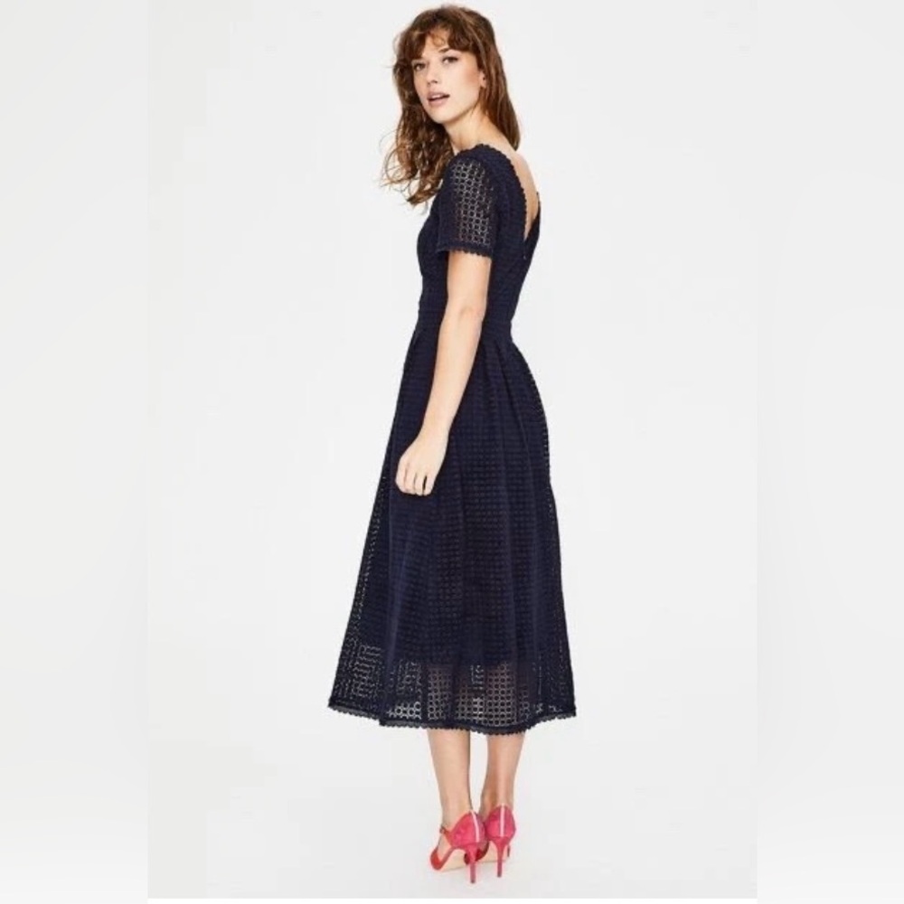 Boden Navy Eyelet Midi Dress with Short Sleeves